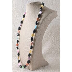 Long Multicolor Beaded Necklace Black Oval Beads Colorful Glass Statement